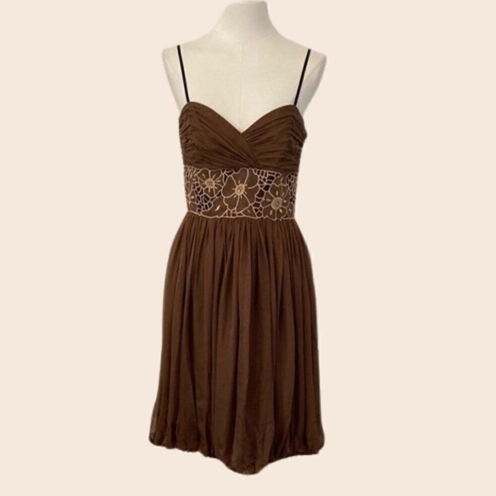 Vintage 00's Laundry by Design Brown Bubble Hem Ruched Silk Dress Size 4